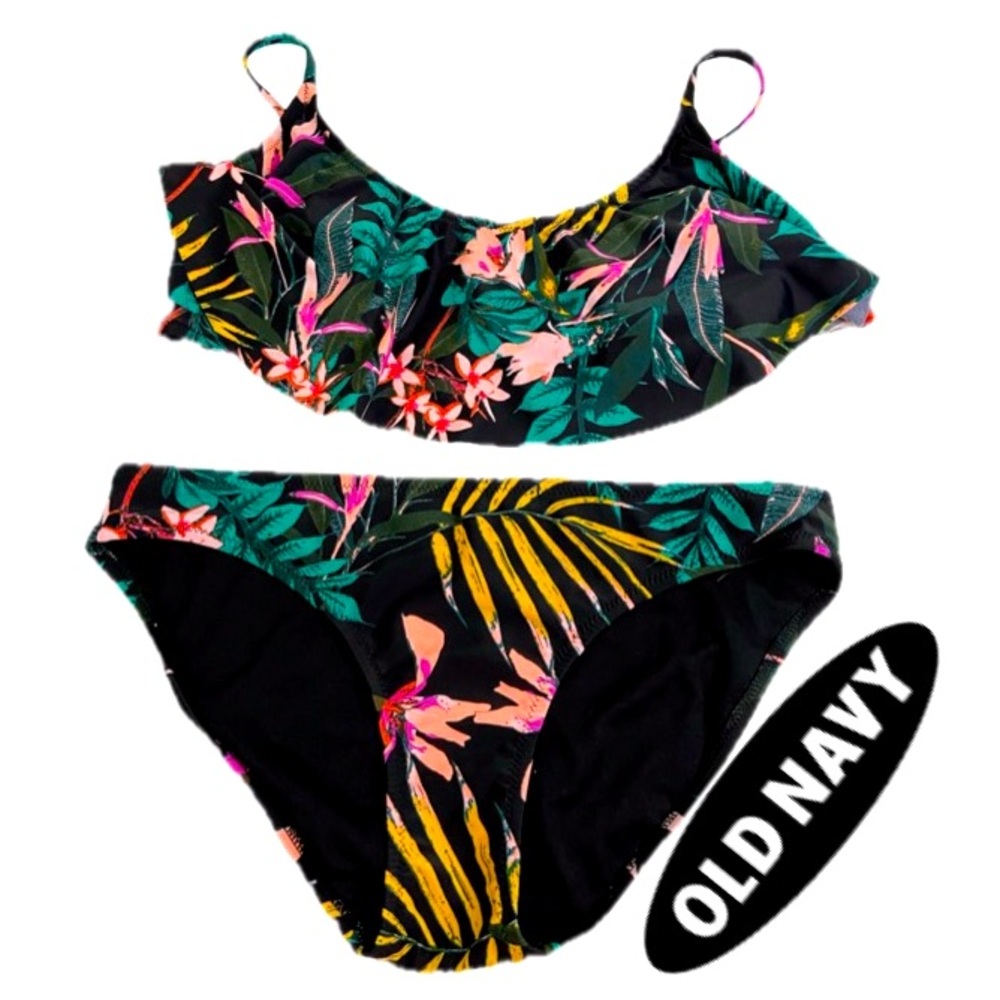OLD NAVY Hawaiian Floral Ruffle Bandeau Style Bikini/ Top (Sz L) Bottom (Sz M)